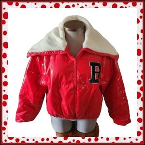 VARSITY STYLE PUFFER ☆ RED FAUX PATENT LEATHER ☆ SHERPA ☆ JACKET ☆ 2x ☆ NWT